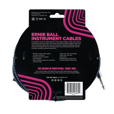ERNIE BALL CÂBLE D'INSTRUMENT TRESSÉ DROIT / ANGLE 25' - NOIR / BLEU P06060