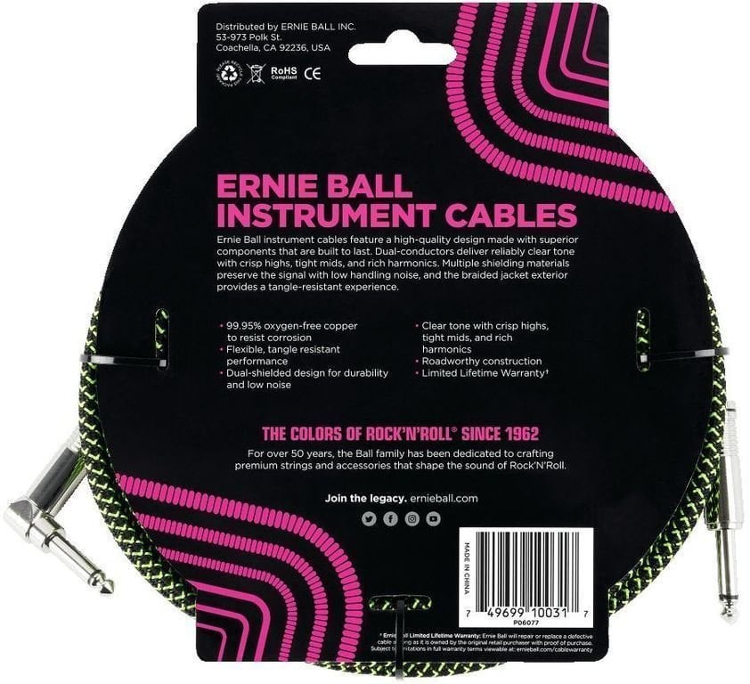 ERNIE BALL P06077-EB 3 m DROIT - ANGLE CÂBLE D'INSTRUMENT