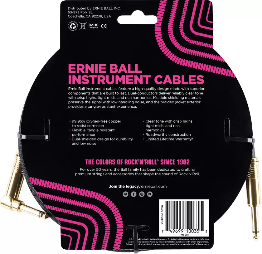 Ernie ball P06081 Braided 10ft Straigth / Angle Instrument Cable - Black