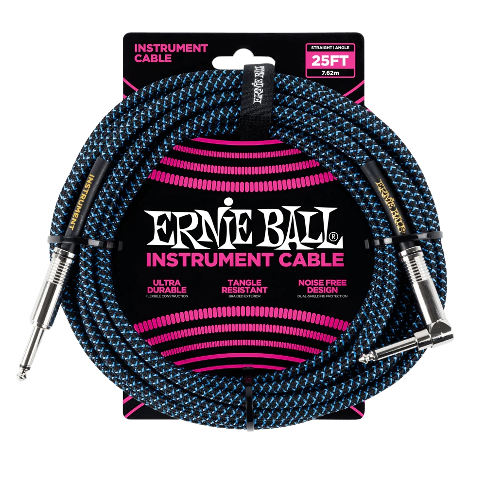 ERNIE BALL CÂBLE D'INSTRUMENT TRESSÉ DROIT / ANGLE 25' - NOIR / BLEU P06060