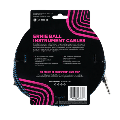 ERNIE BALL CÂBLE D'INSTRUMENT TRESSÉ DROIT / ANGLE 25' - NOIR / BLEU P06060